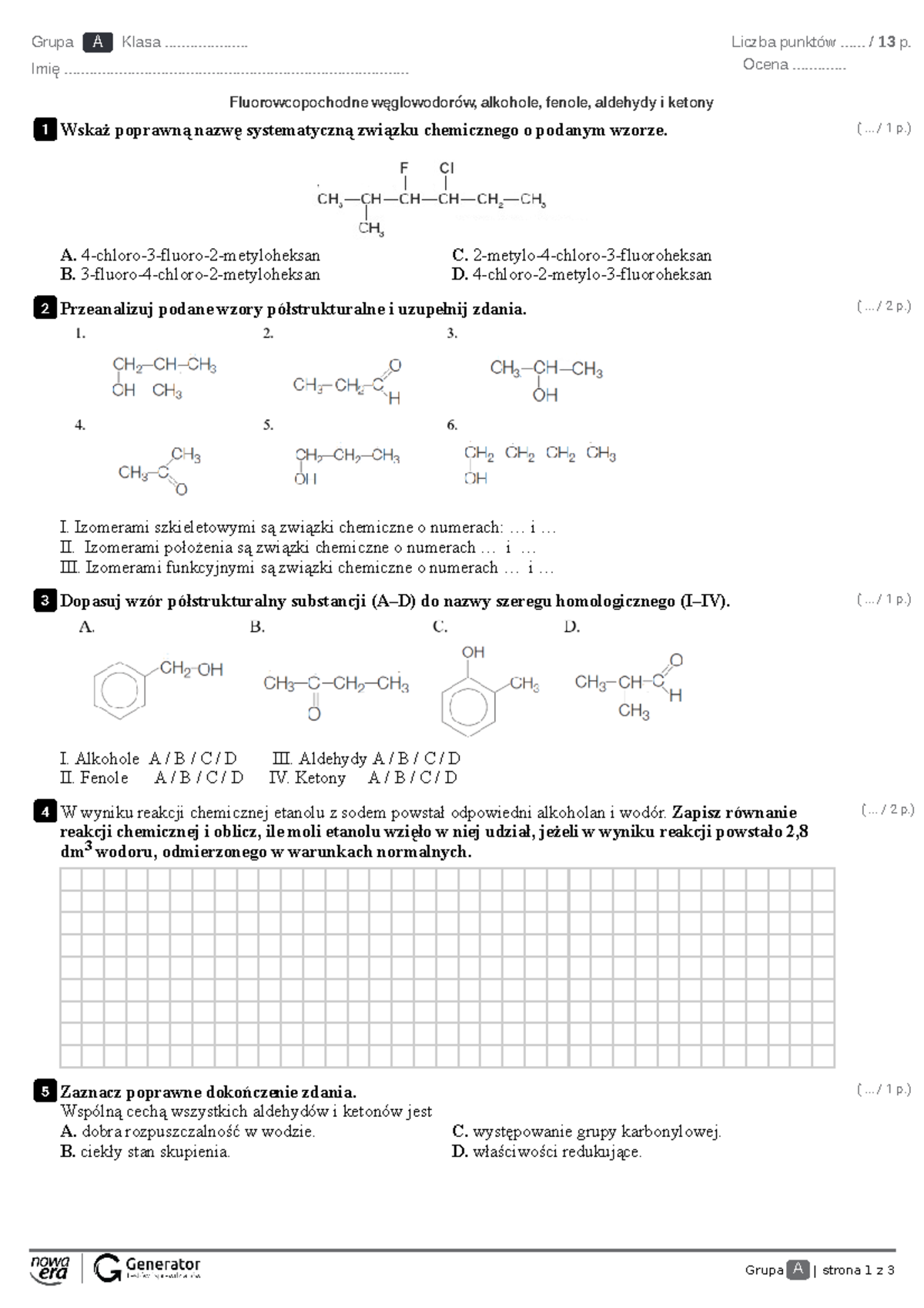 Sprawdzian Chemia Klasa 8 Alkohole