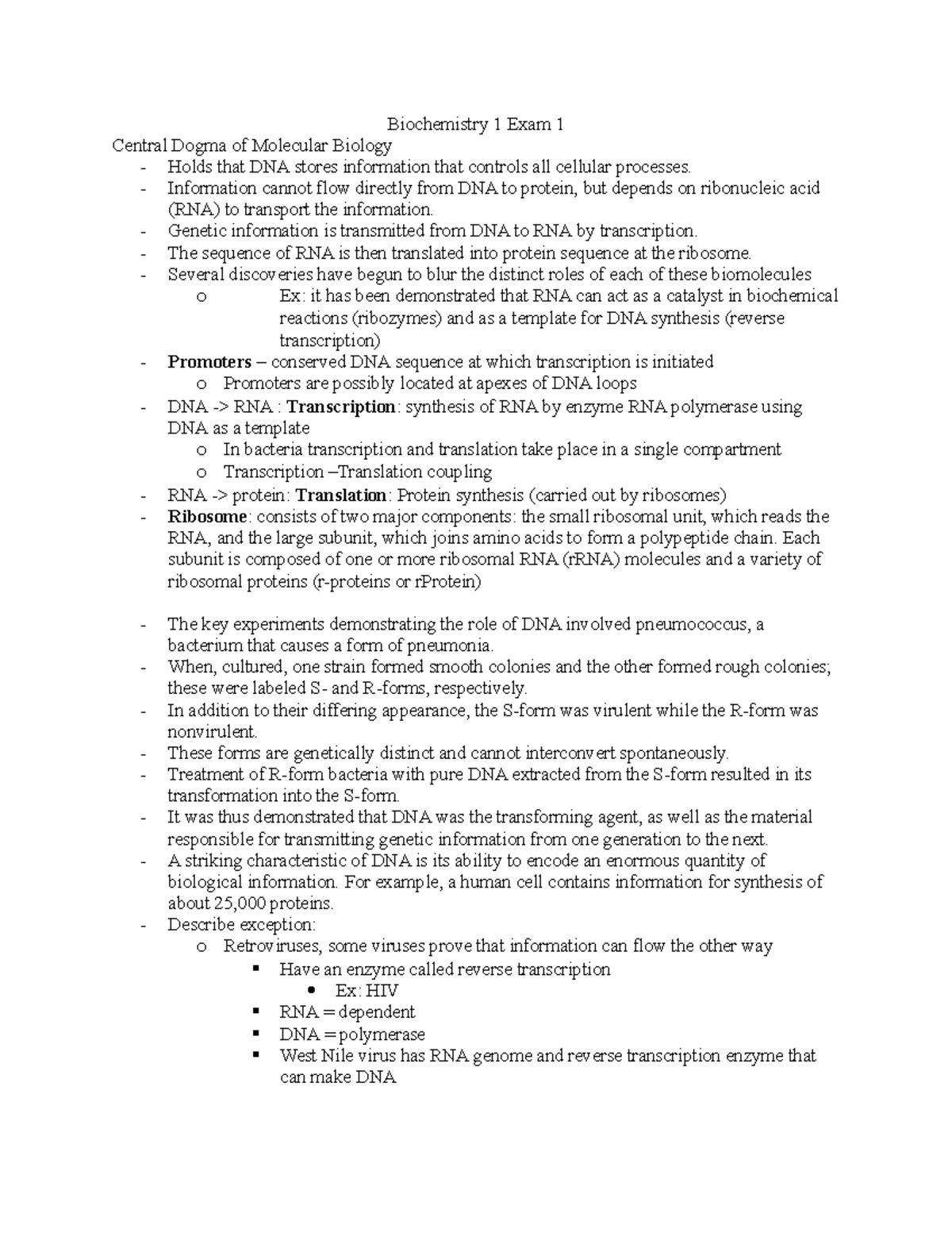 Biochemistry 1 Exam 1 - Biochemistry 1 Exam 1 Central Dogma Of ...