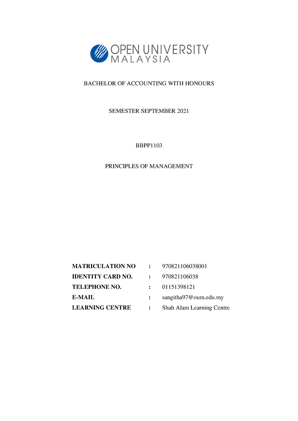 Principles Of Management - BACHELOR OF ACCOUNTING WITH HONOURS SEMESTER ...