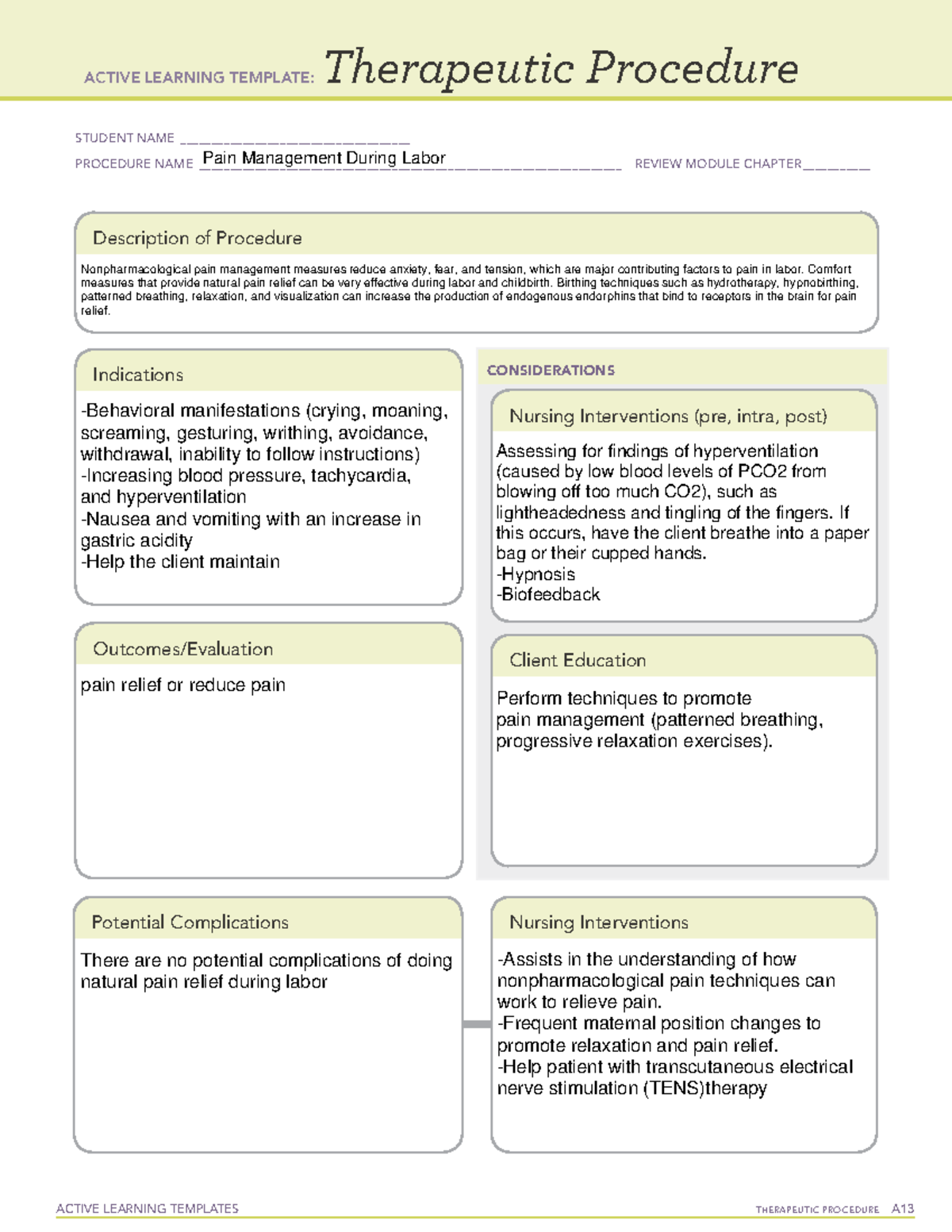 Pain Management ACTIVE LEARNING TEMPLATES THERAPEUTIC PROCEDURE A 