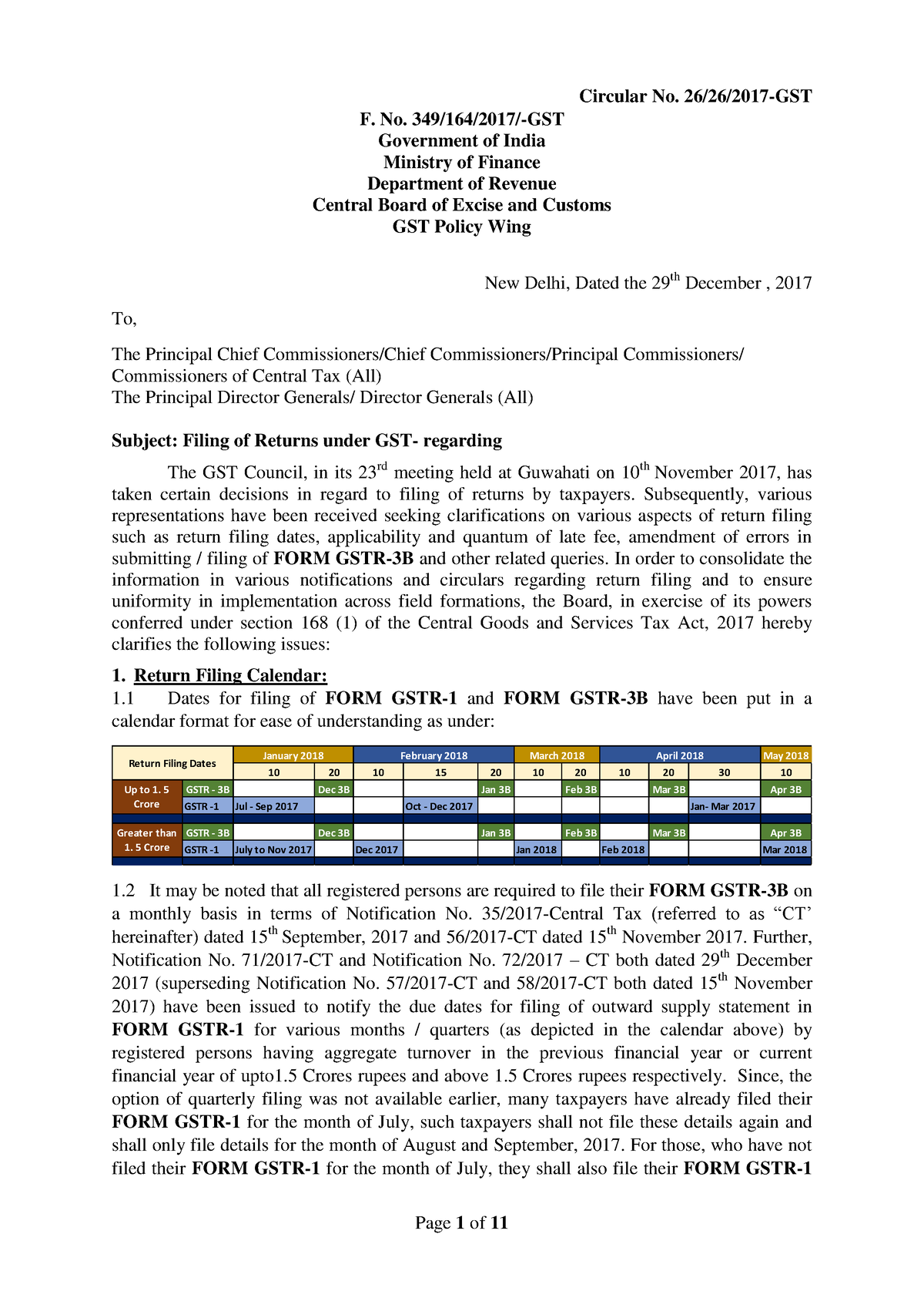 26of2017-Circular - GST CIRCULAR - Circular No. 26/26/2017-GST F. No ...