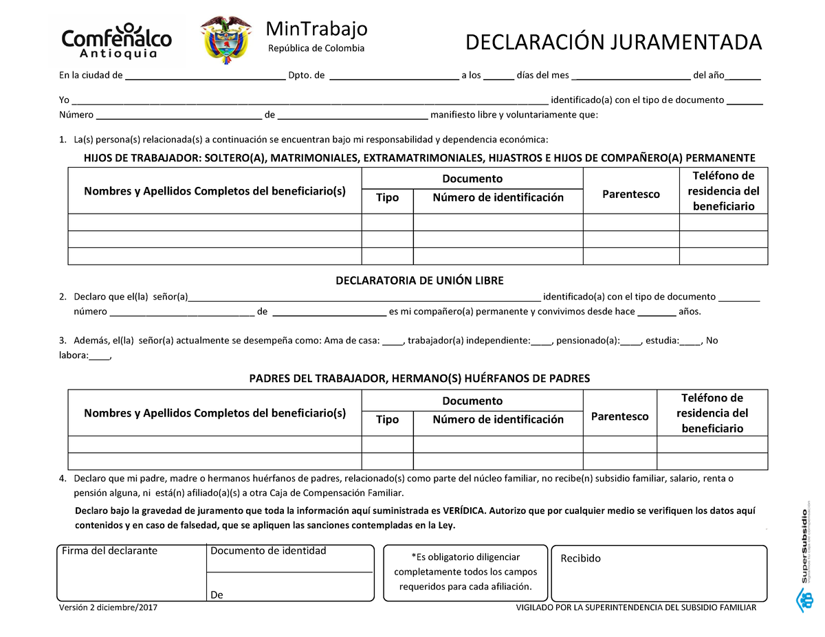 7-Declaración-Juramentada - MinTrabajo Rep ̇blica De Colombia DECLARACI ...