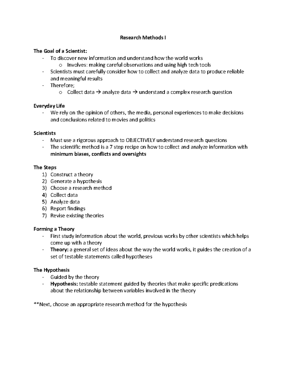 Research Methods Notes 1&2 Research Methods I The Goal of a