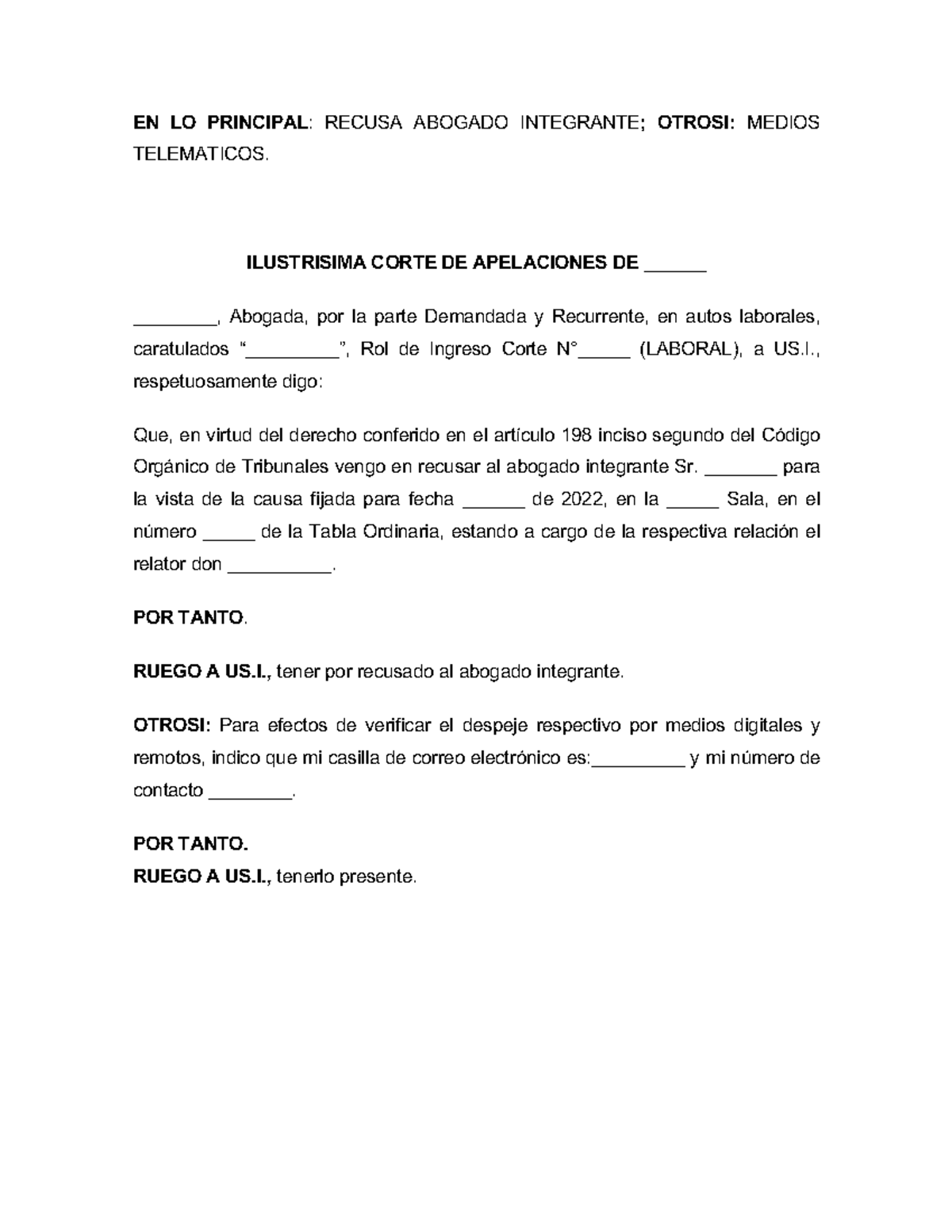 Recusa Abogado Integrante - EN LO PRINCIPAL: RECUSA ABOGADO INTEGRANTE ...