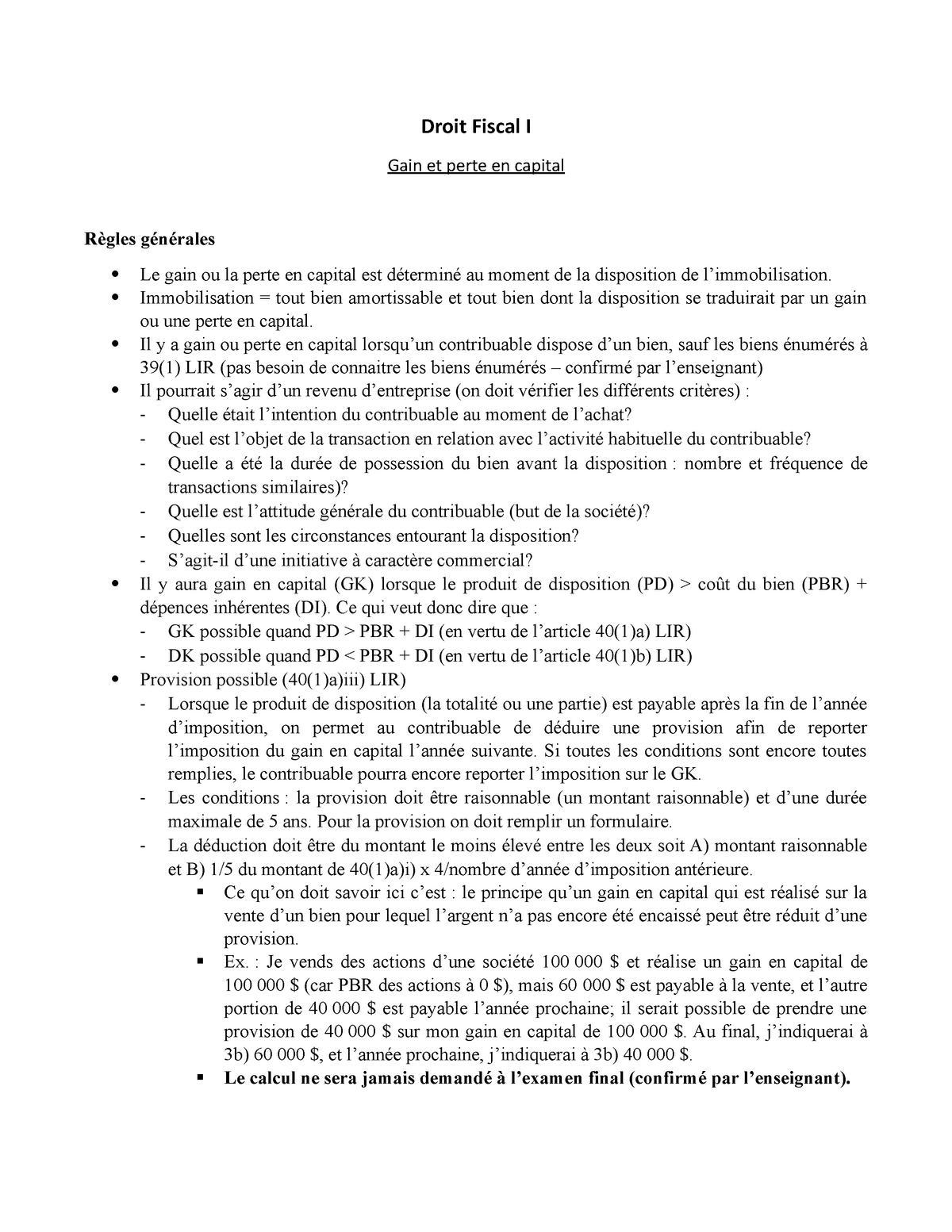 Gain et perte en capital - Droit Fiscal I Gain et perte en capital Règles générales Le gain ou 