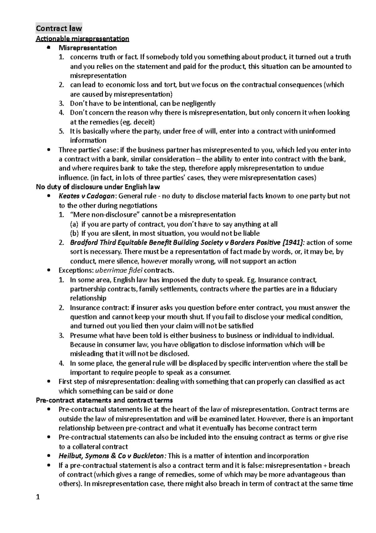 Contract law note - Contract law Actionable misrepresentation ...