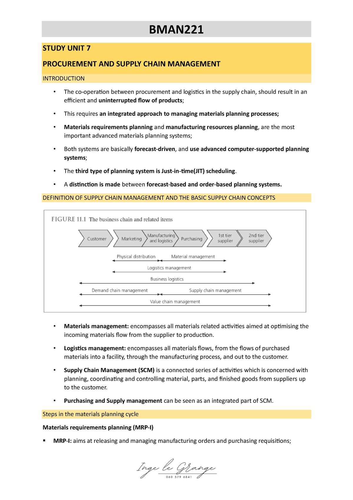 Study UNIT 7 - Notes - STUDY UNIT 7 PROCUREMENT AND SUPPLY CHAIN ...