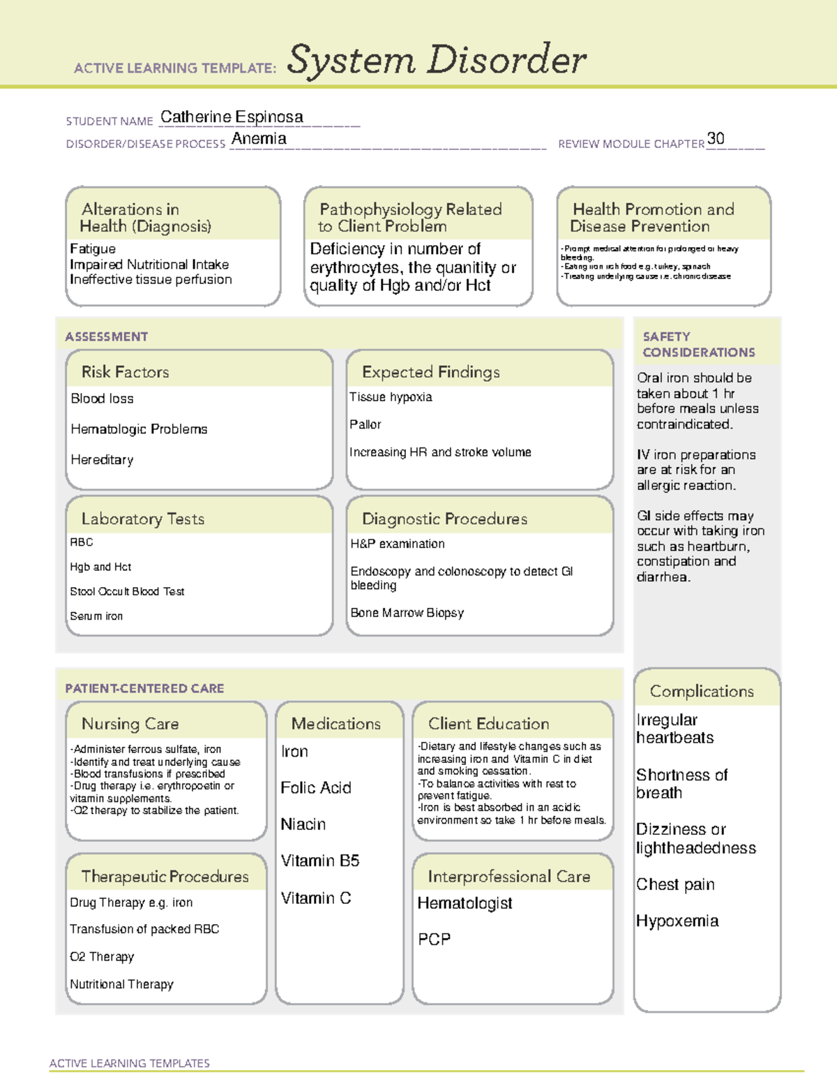 Anemia System Disorder ACTIVE LEARNING TEMPLATES System Disorder