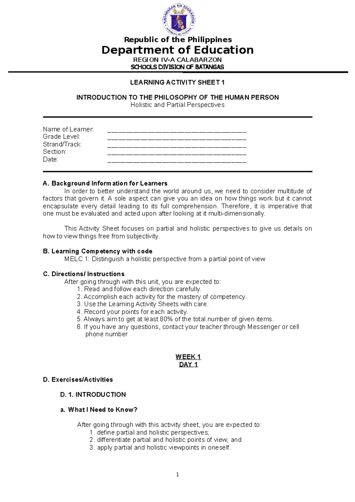 MELC 1 Introduction to Philosophy of the Human Person Activity Sheet ...