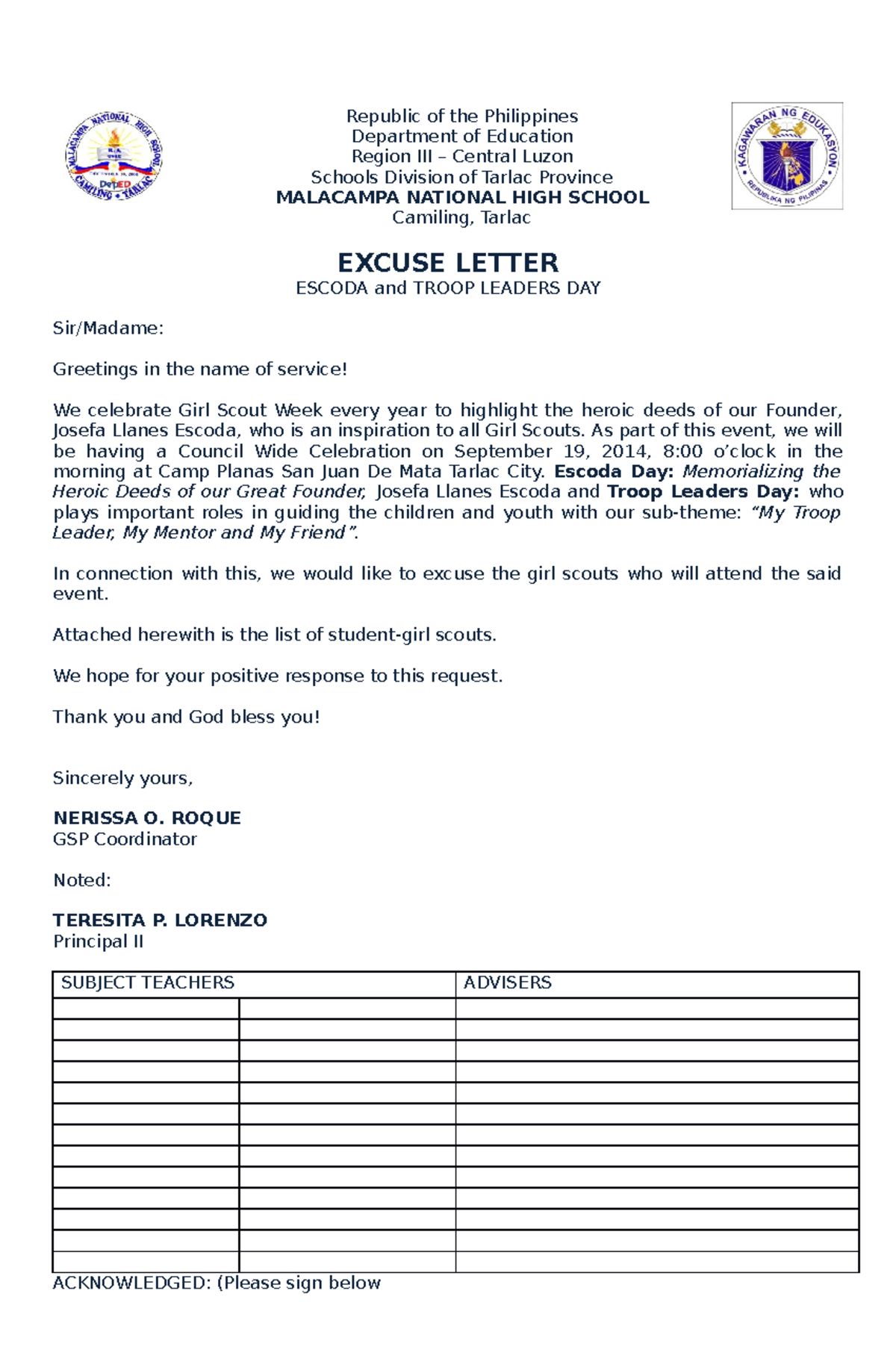 Excuse Letter For Gsp Republic Of The Philippines Department Of Education Region Iii Central