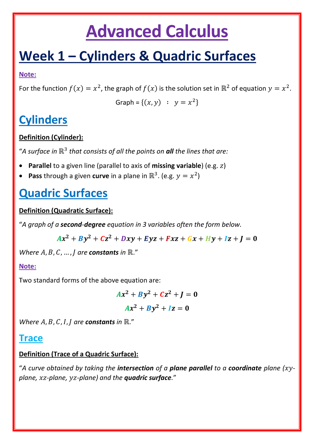 1. Advanced Calculus Summary Sheet - Advanced Calculus Week 1 ...