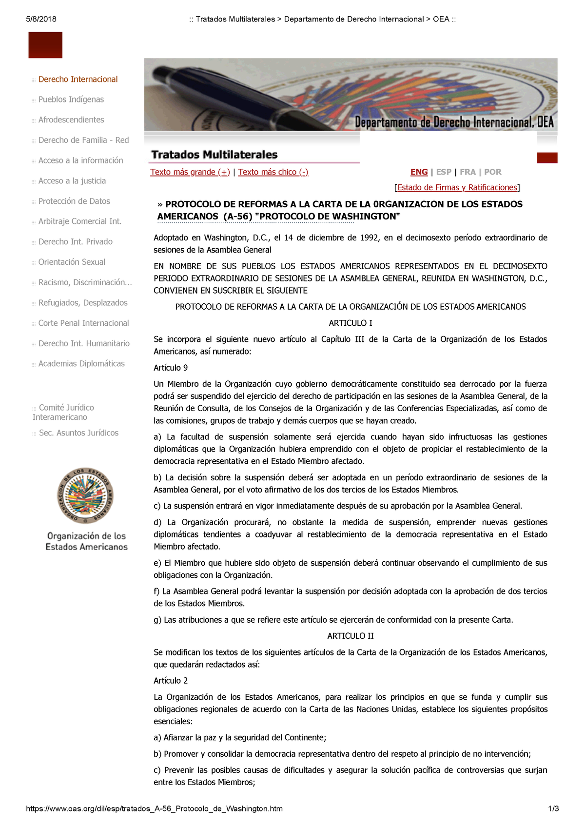 Reforma De La Carta De La OEA – Protocolo De Washington - 5/8/2018 ...