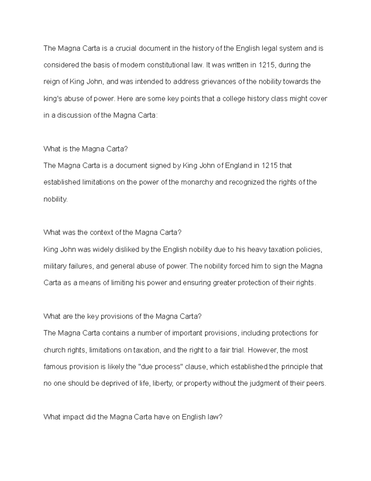 Answer key Magna Carta The Magna Carta is a crucial document in the history of the English