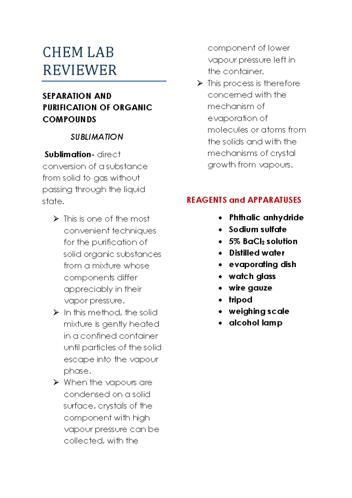 CHEM LAB Reviewer - CHEM LAB REVIEWER SEPARATION AND PURIFICATION OF ...