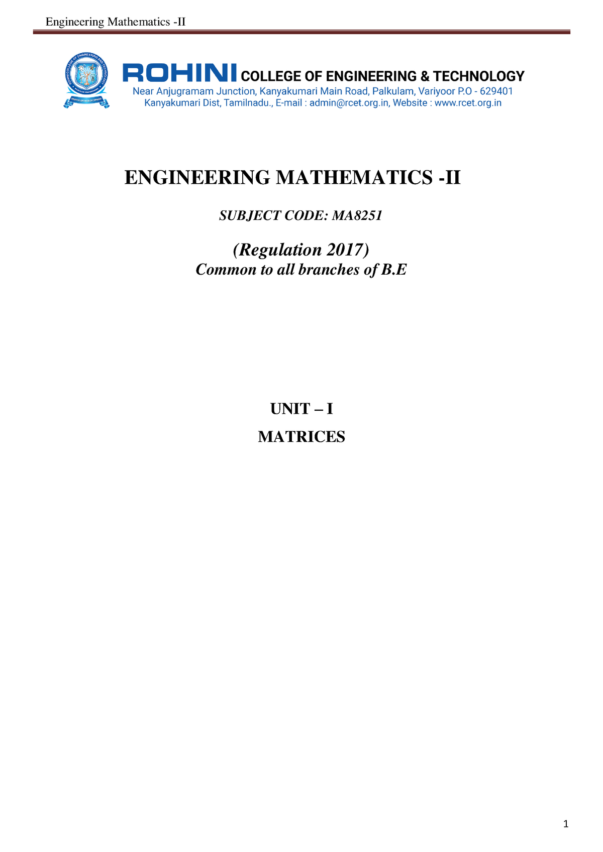 Unit -1 Matrices - Maths Chapter 2 - ENGINEERING MATHEMATICS -II ...