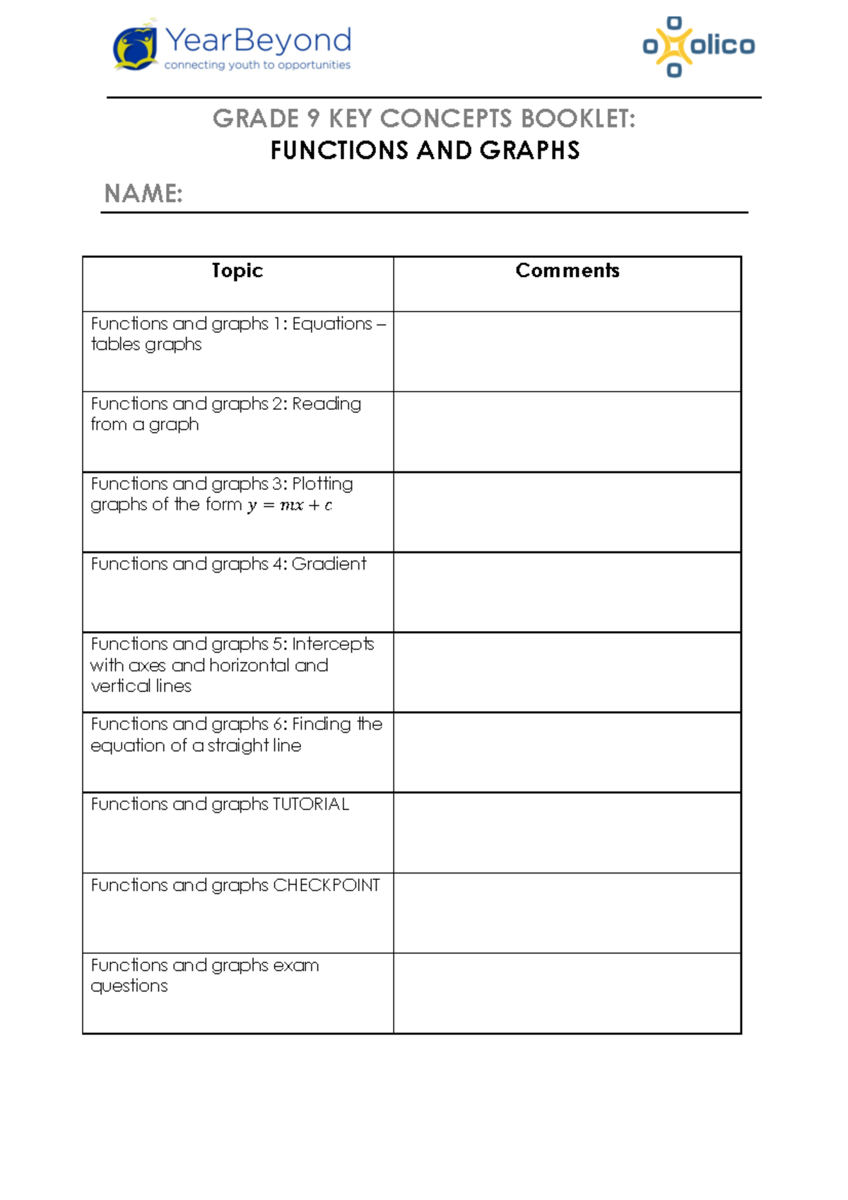 9 - Funtions and graphs - GRADE 9 KEY CONCEPTS BOOKLET: FUNCTIONS AND ...