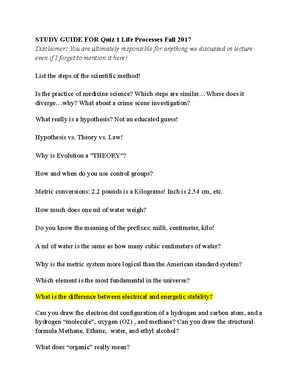 Study Guide Quiz 2 - STUDY GUIDE FOR QUIZ 2 Life Processes Fall 2017 ...