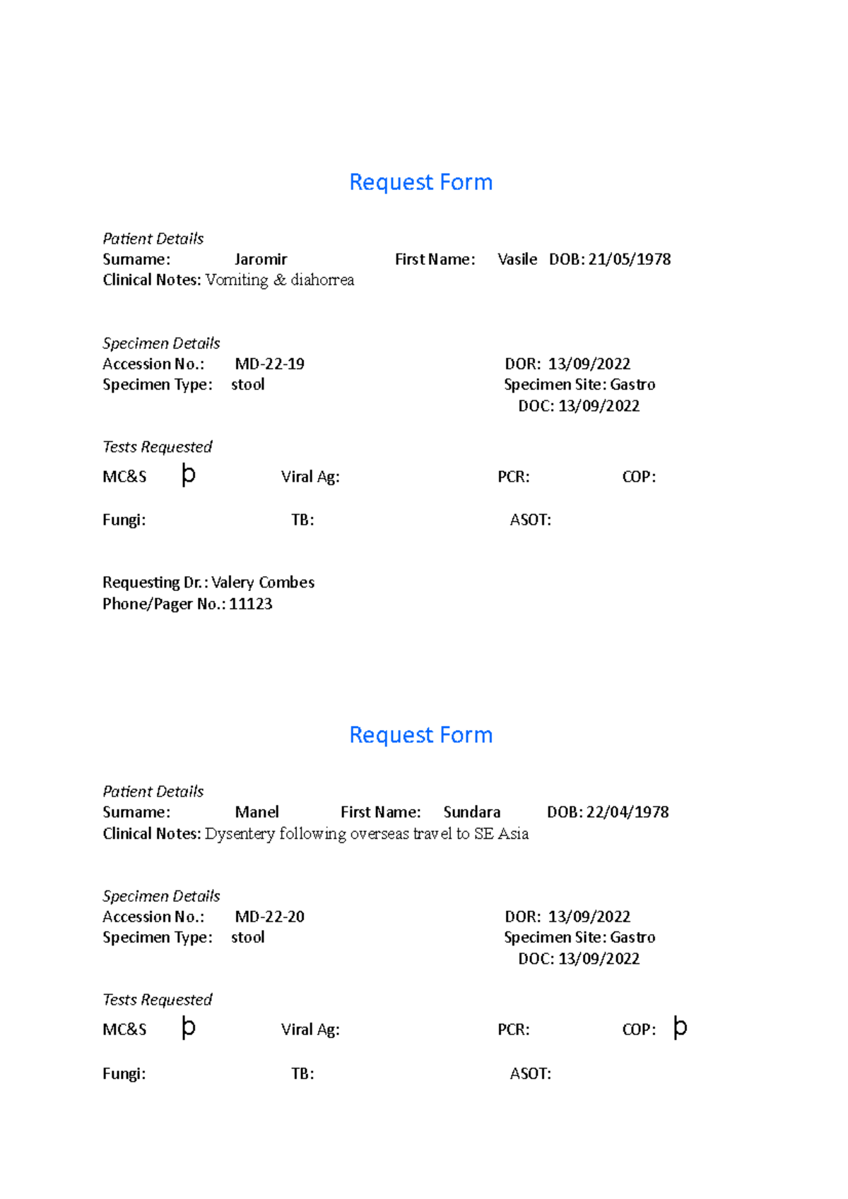 Ennteric infection - notes - Request Form Patient Details Surname ...