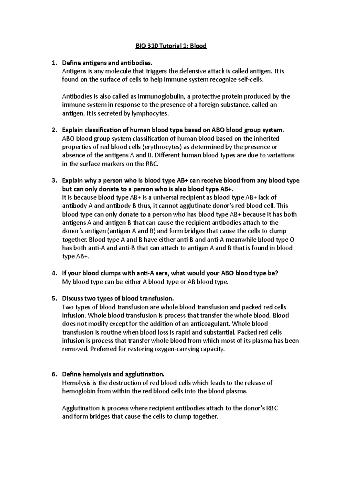 Tutorial 1 blood BIO 310 Tutorial 1 Blood Define antigens and