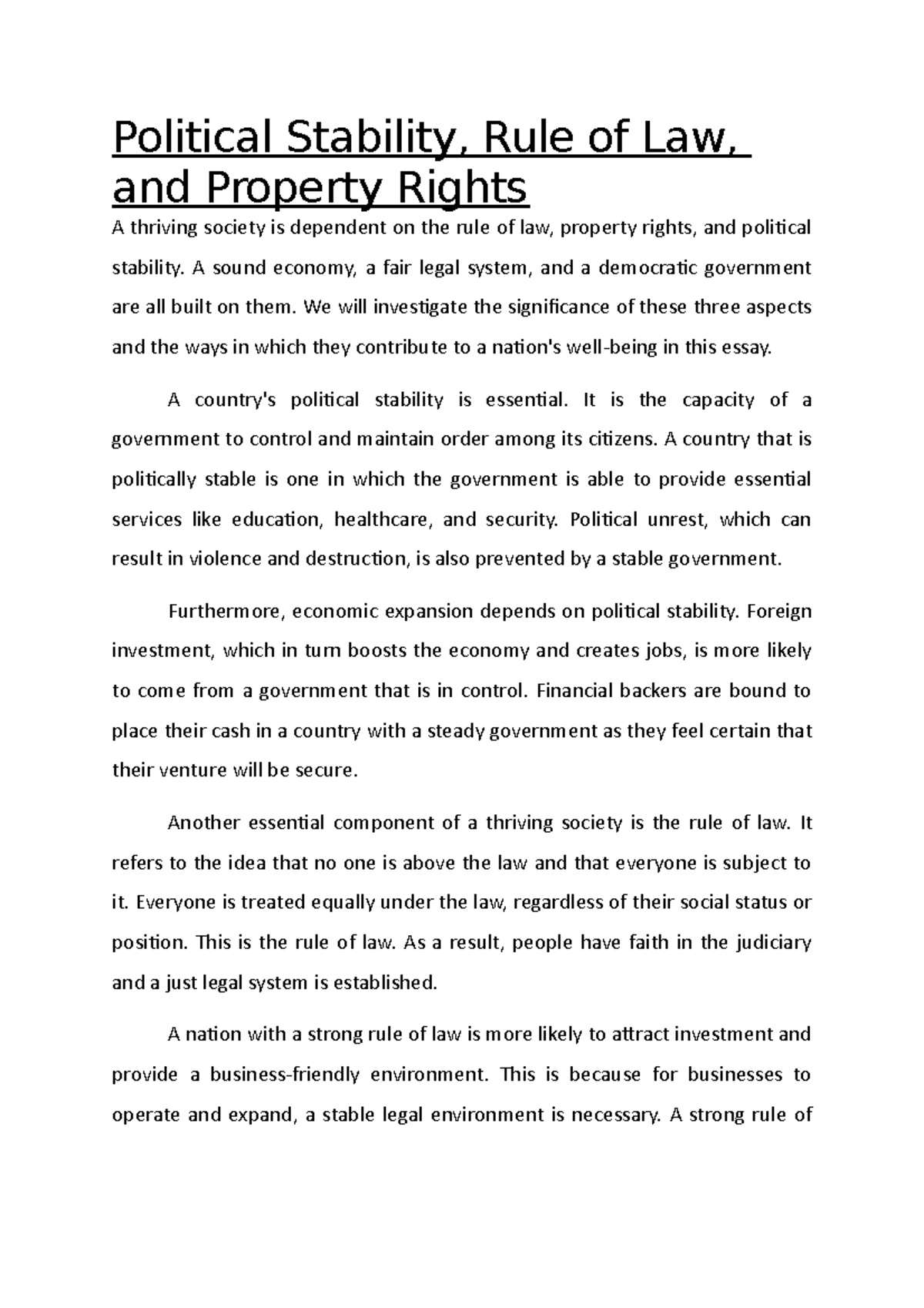 Political Stability, Rule of Law, and Property Rights Political Stability, Rule of Law, and