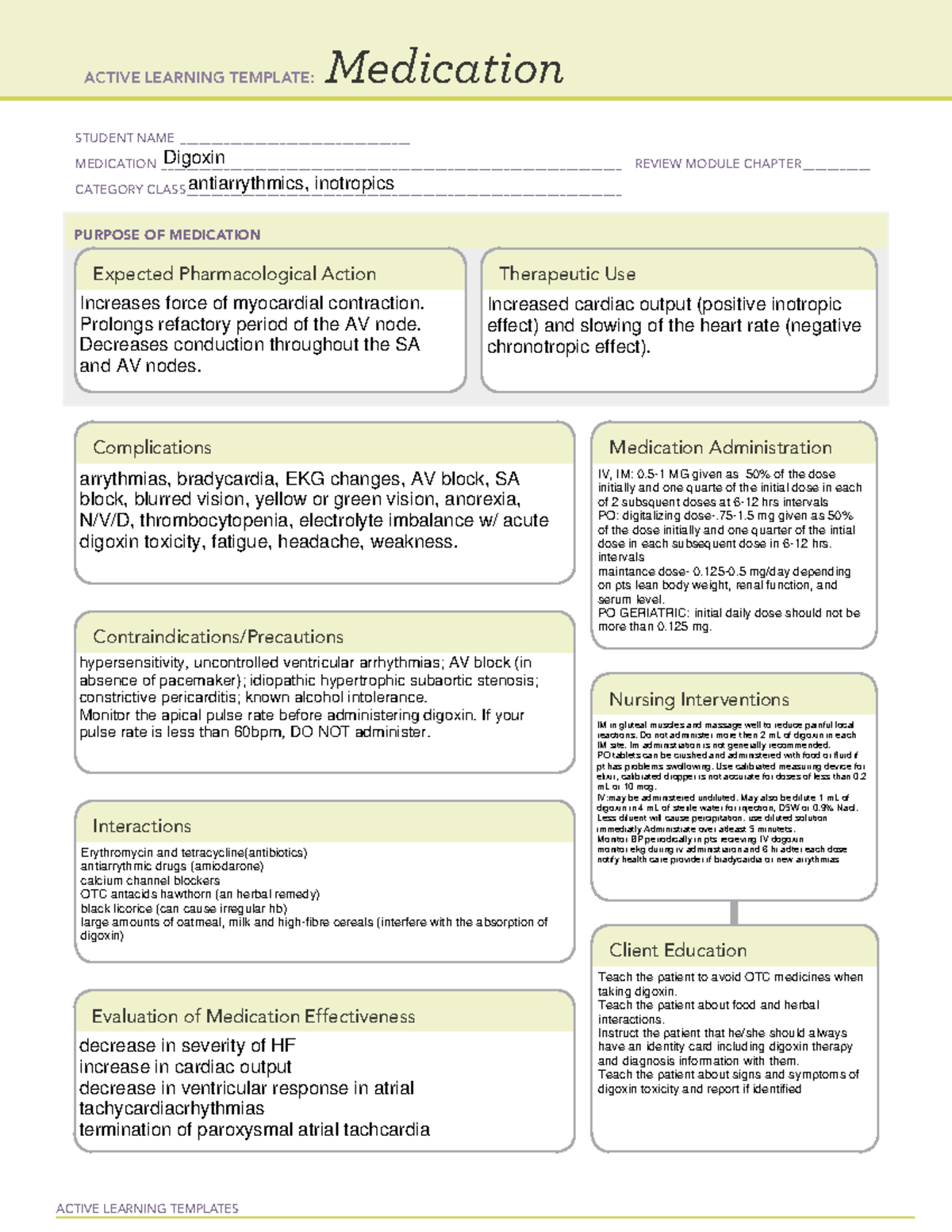 Digoxin - MED CARD - ACTIVE LEARNING TEMPLATES Medication STUDENT NAME ...