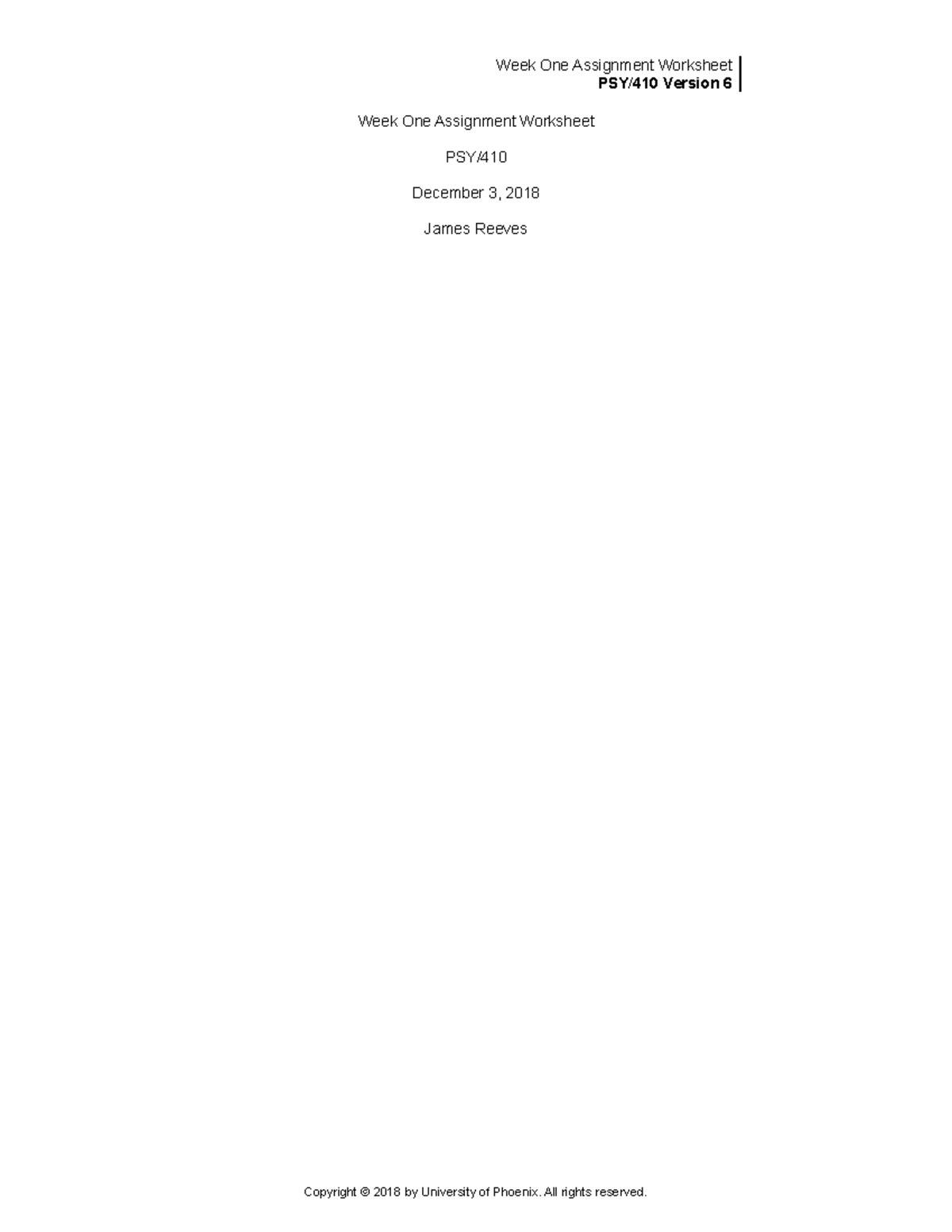 Week 1 Assignment Worksheet PSY/410 Version 6 Week One Assignment