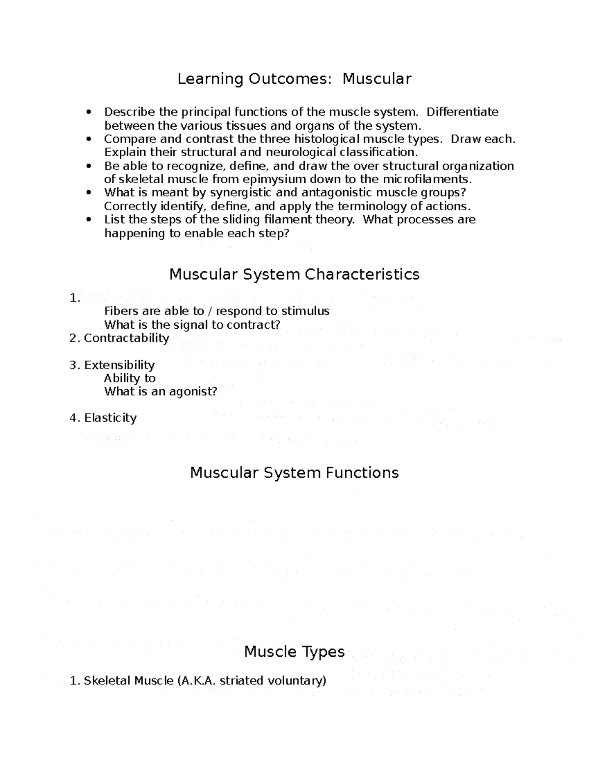Muscular system notes - Learning Outcomes: Muscular Describe the ...