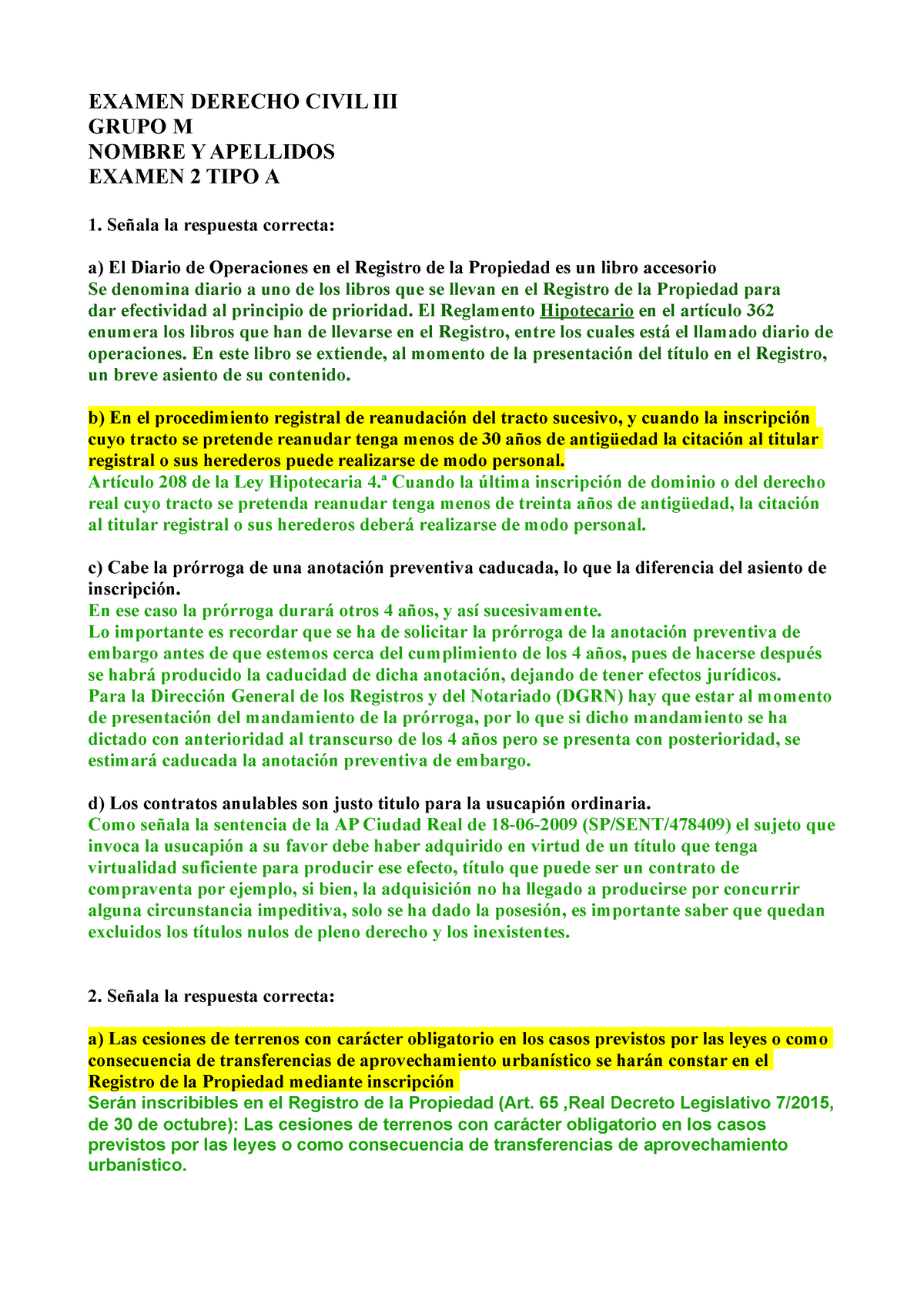 Preguntas Examen Resueltas - EXAMEN DERECHO CIVIL III GRUPO M NOMBRE Y ...