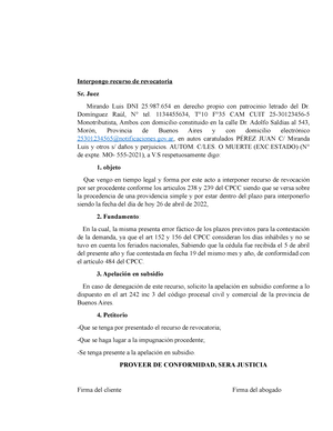 modelo Interpongo recurso de revocatoria - Interpongo recurso de revocatoria  Sr. Juez Mirando Luis - Studocu