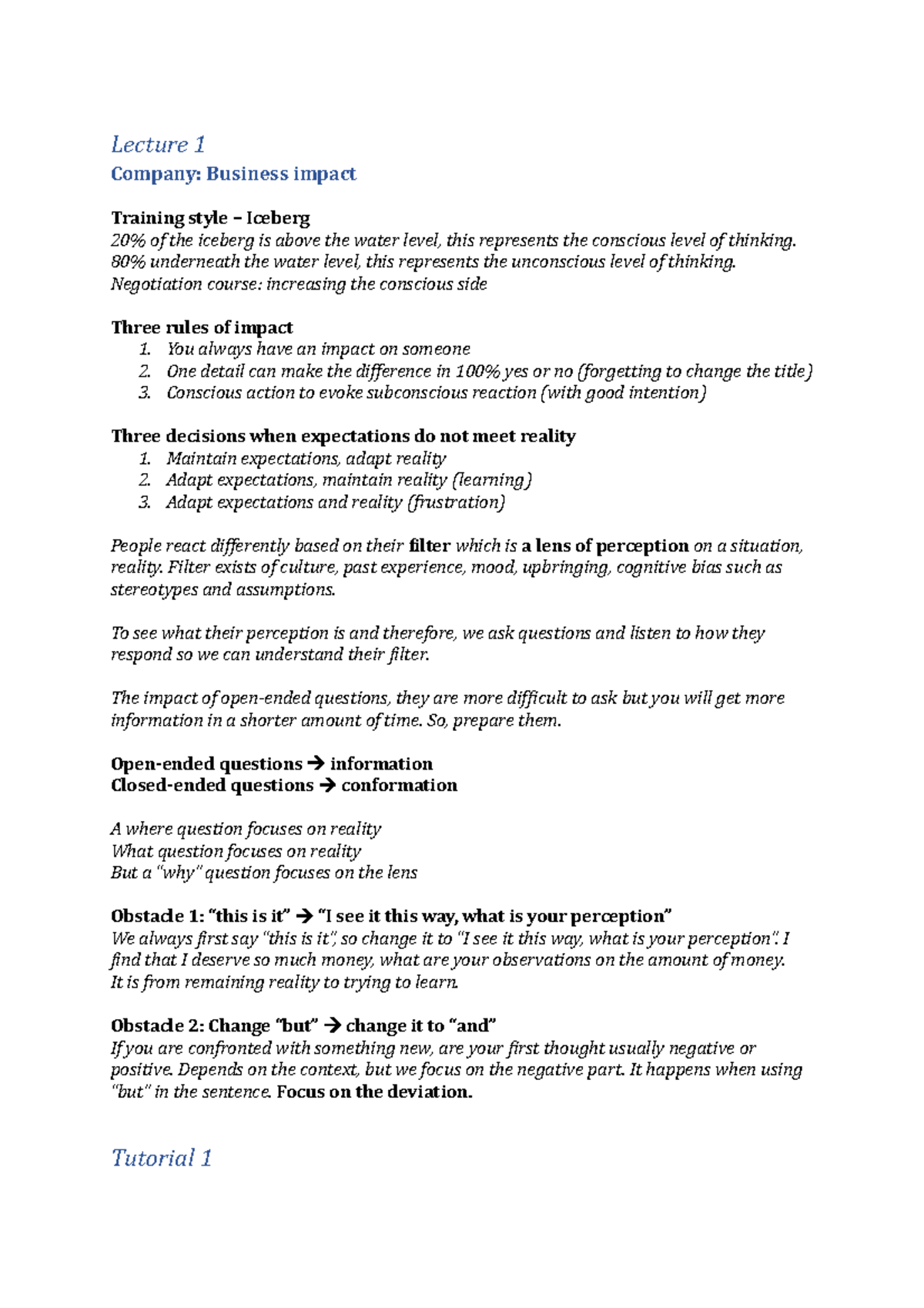 Skills negotiation summary - Lecture 1 Company: Business impact ...