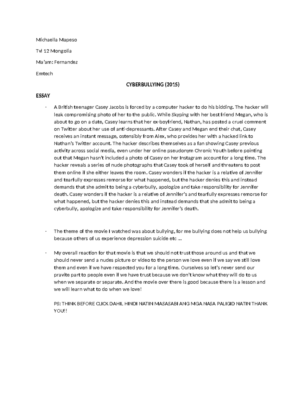 Reaction Paper - Michaella Mapeso Tvl 12 Mongolia Ma’am: Fernandez ...