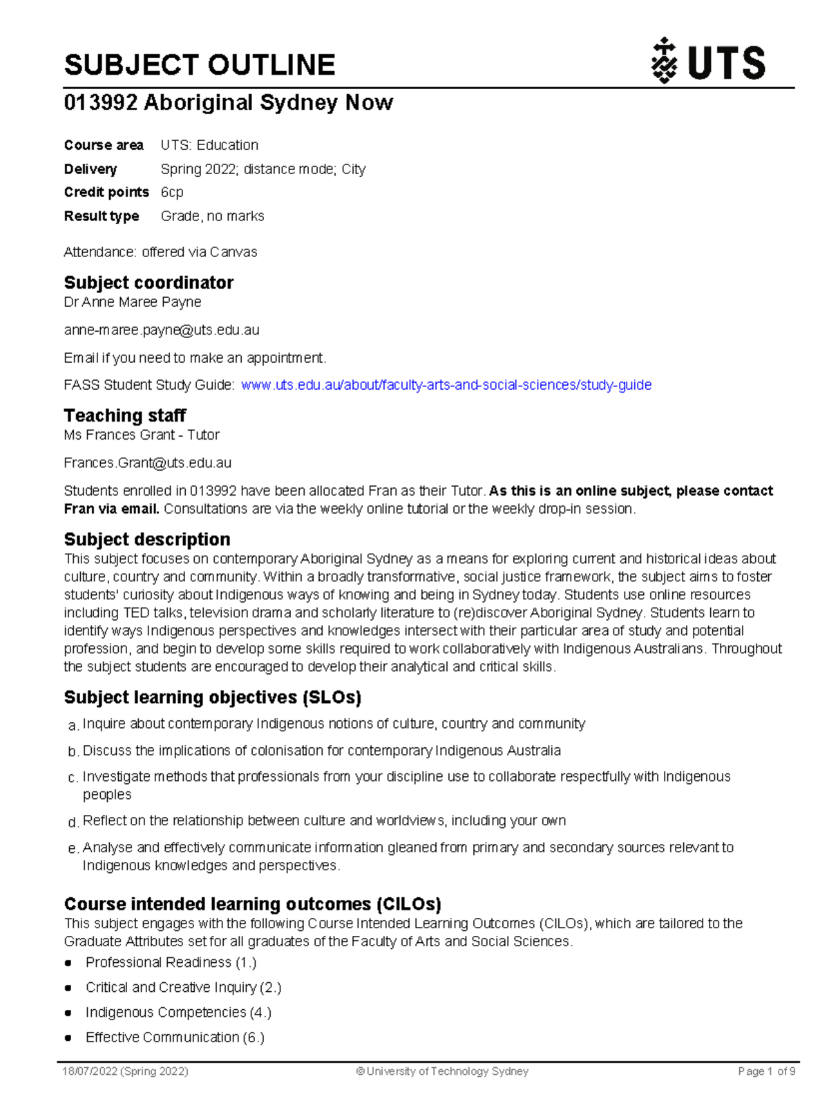 Aboriginal Sydney Subject Outline - Subject Outline 013992 Aboriginal 