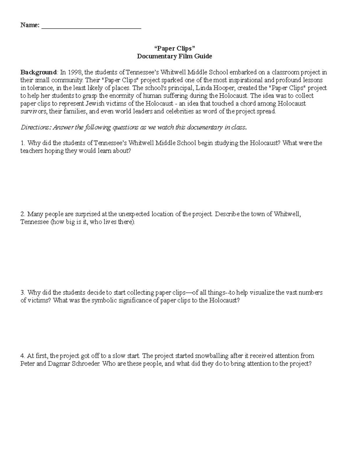 Documentary Film Guide The Paper Clip Project Studocu