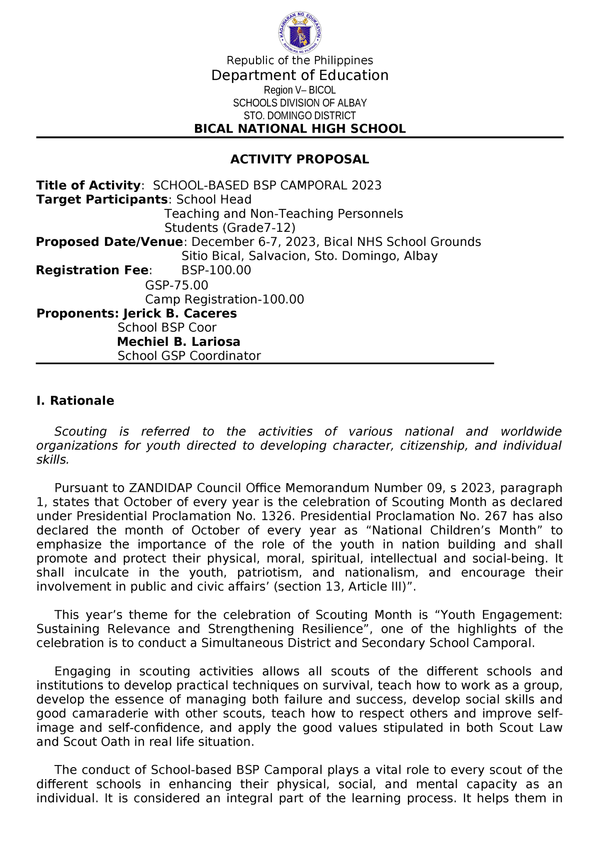 BSP Proposal 2023 - Department of Education Region V– BICOL SCHOOLS ...