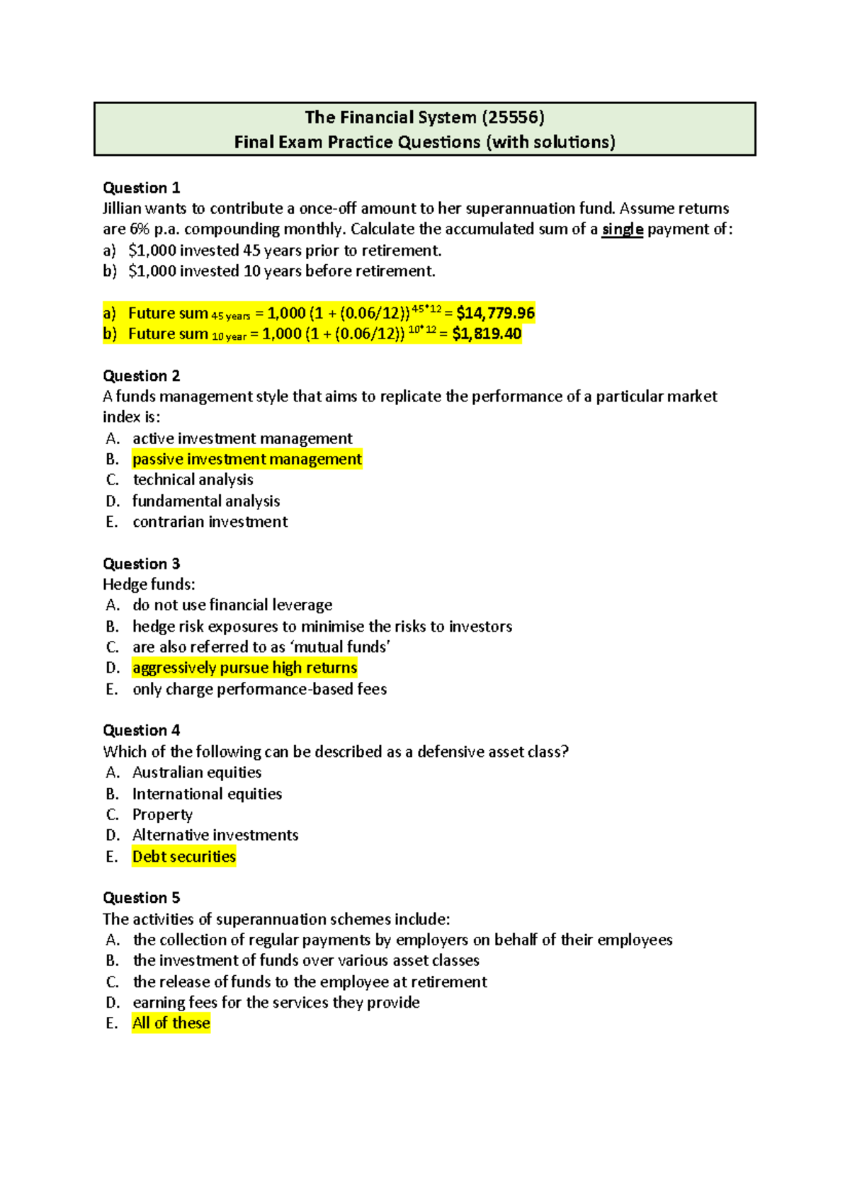 TFS Final Exam Practice Questions (with solutions) - The Financial ...