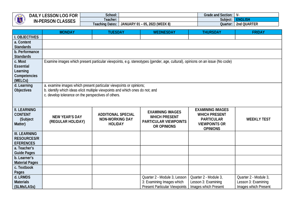 G5 Q2W8 DLL English MELCs - DAILY LESSON LOG FOR IN-PERSON CLASSES ...