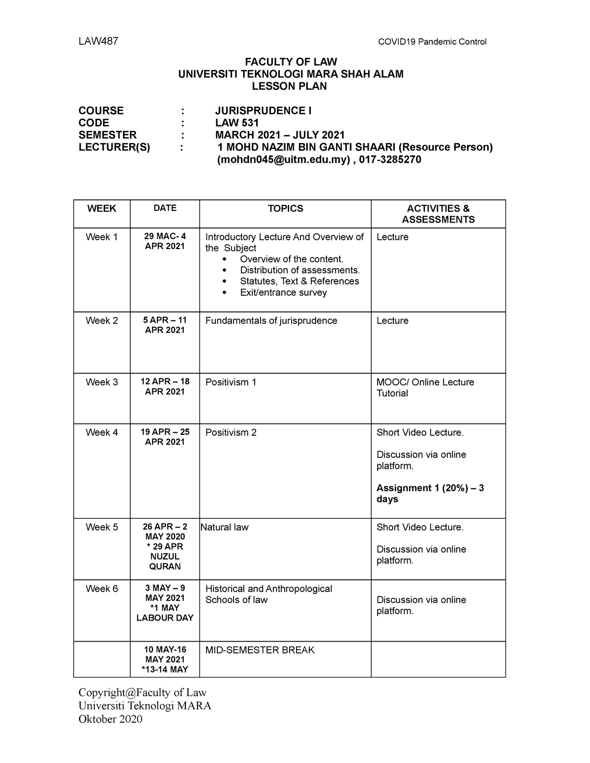 Lesson PLAN LAW531 MAC 2021 - FACULTY OF LAW UNIVERSITI TEKNOLOGI MARA ...