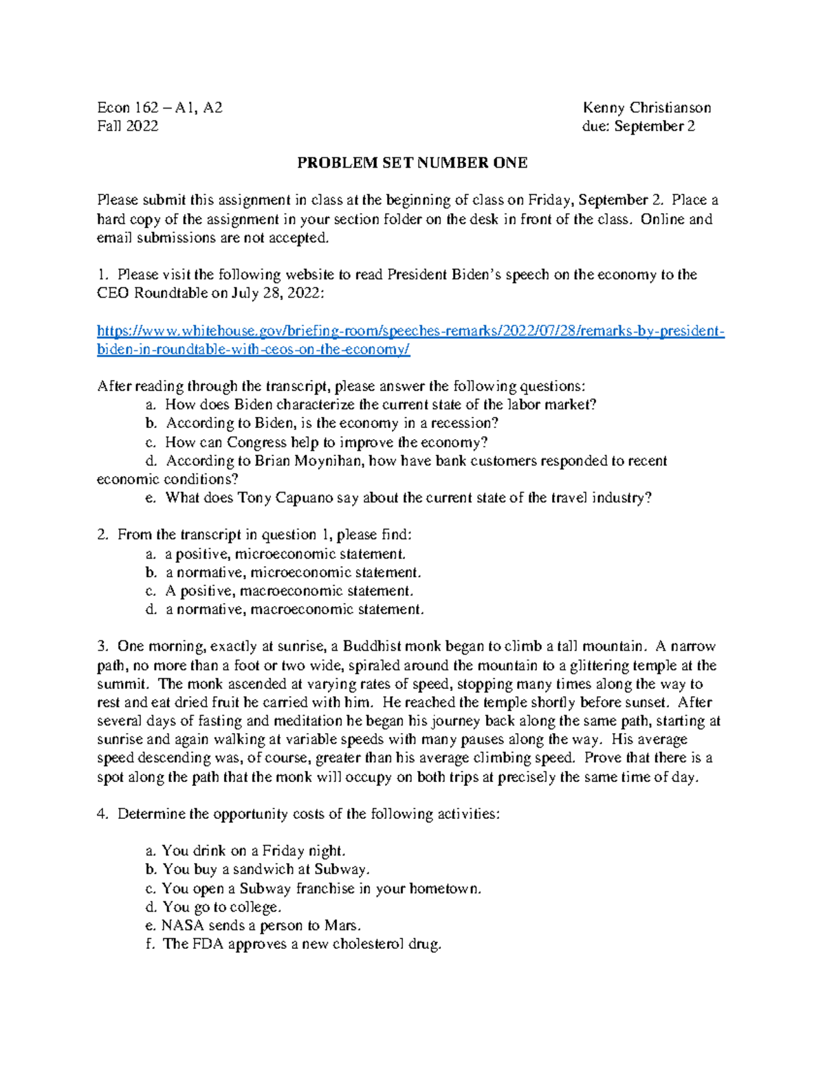 Problem 1 - Econ 162 – A1, A2 Kenny Christianson Fall 2022 due ...