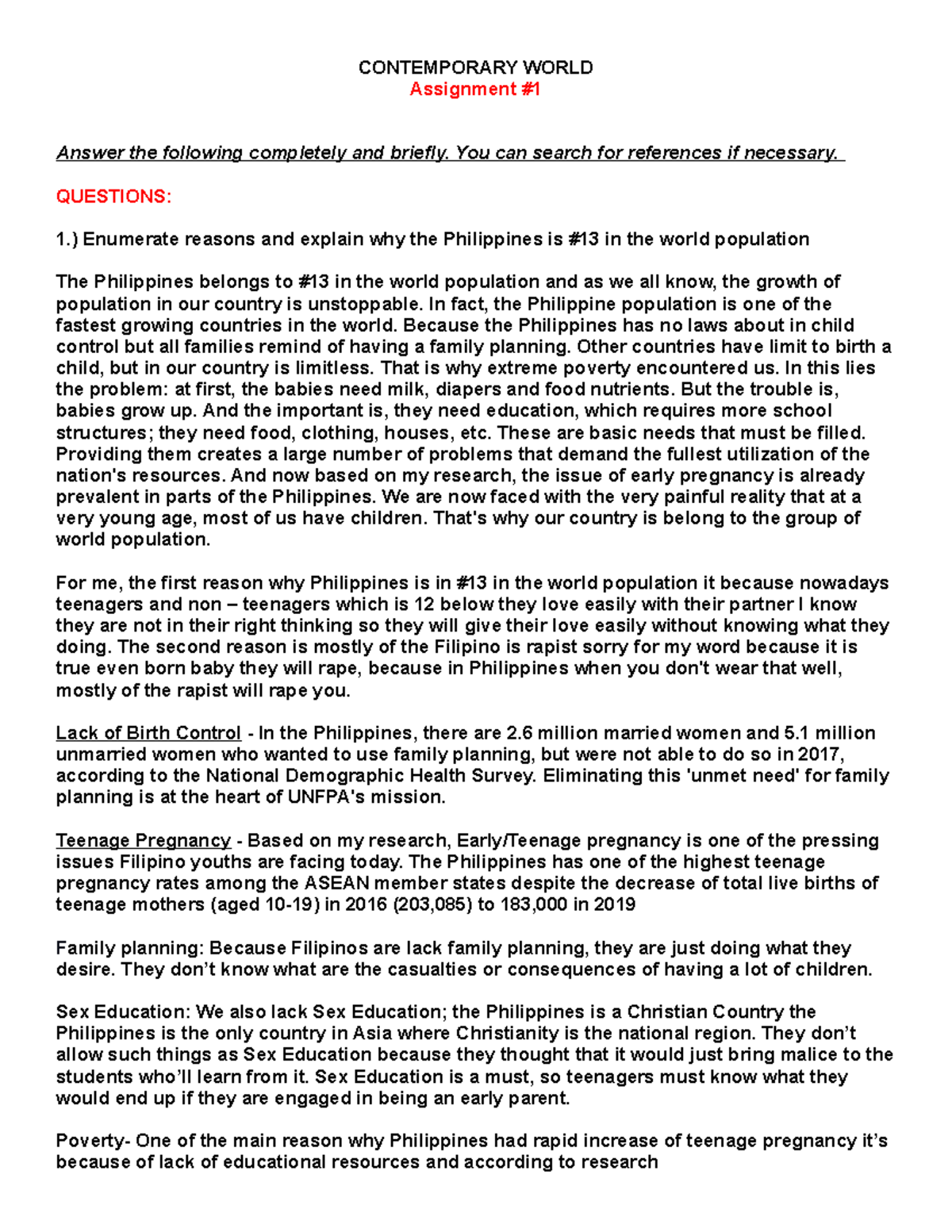 Contemporary World (Assignment No.1) - Information Technology - DHVSU ...