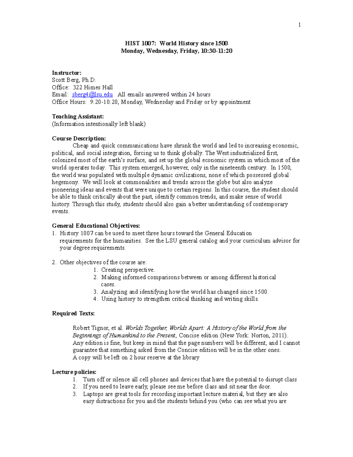 World History Syllabus Hist 1007 World History Since 1500 Monday Wednesday Friday 10 30 11 World History Syllabus Hist 1007 World History Since 1500 Monday Wednesday Friday 10 30 11
