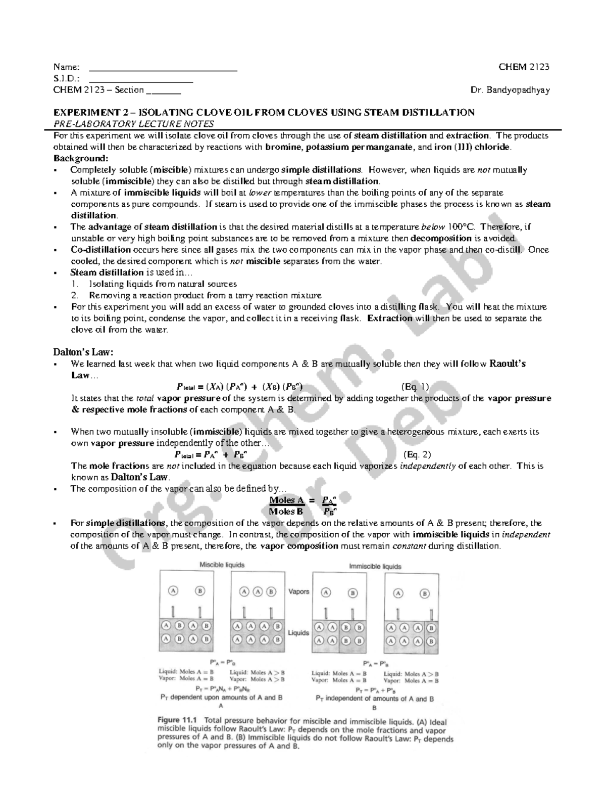 Experiment 2 - Pre-Laboratory Notes - Name: S.I.: CHEM 2123 Section ...