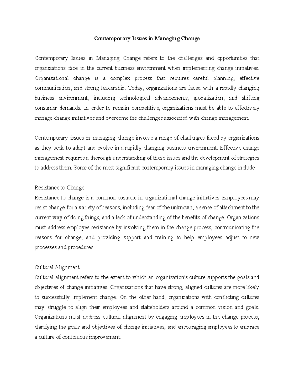 Contemporary Issues in Managing Change and Types of Organizational