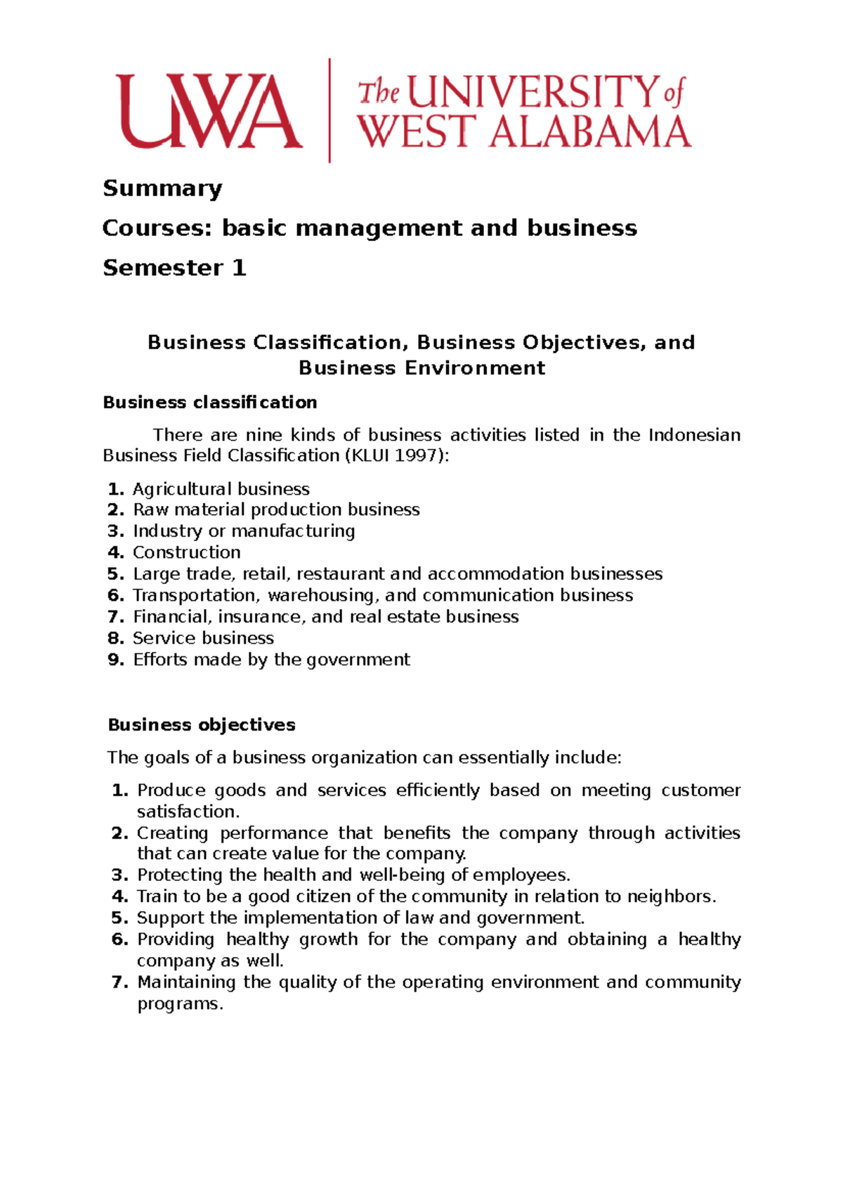 Summary of Business Classification, Business Objectives, and Business ...