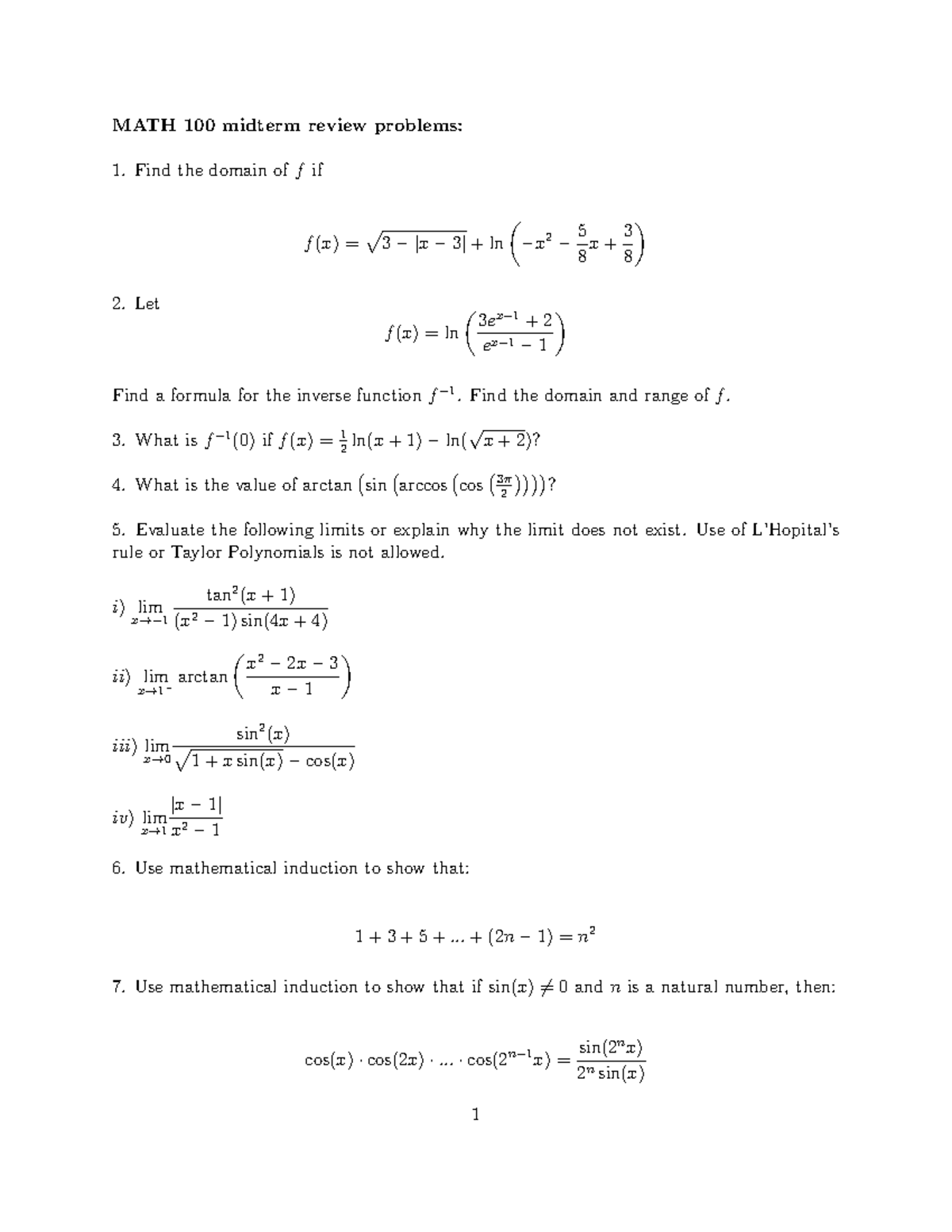 2020 Midterm Review Questions (by Sub) - MATH 100 midterm review ...