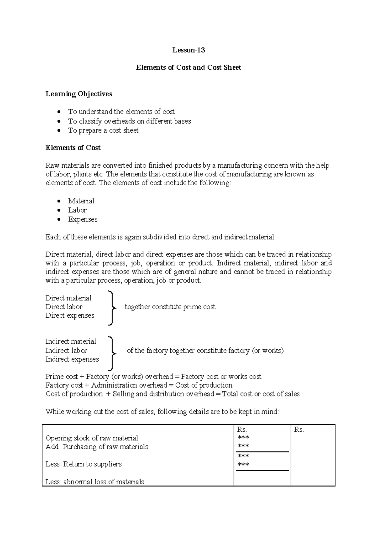 Cost Sheet - Lesson- Elements of Cost and Cost Sheet Learning ...