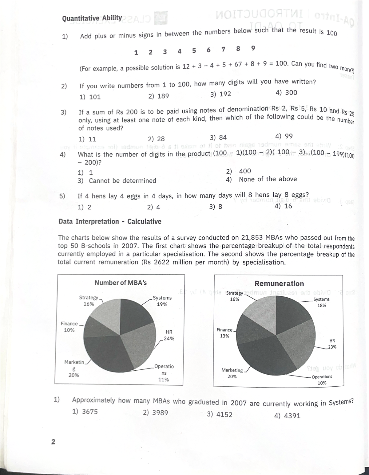 1) Add plus or minus signs in between the numbers below such that the ...