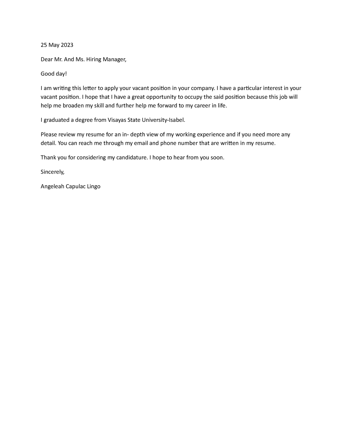 Lingoapplicationletter - 25 May 2023 Dear Mr. And Ms. Hiring Manager 