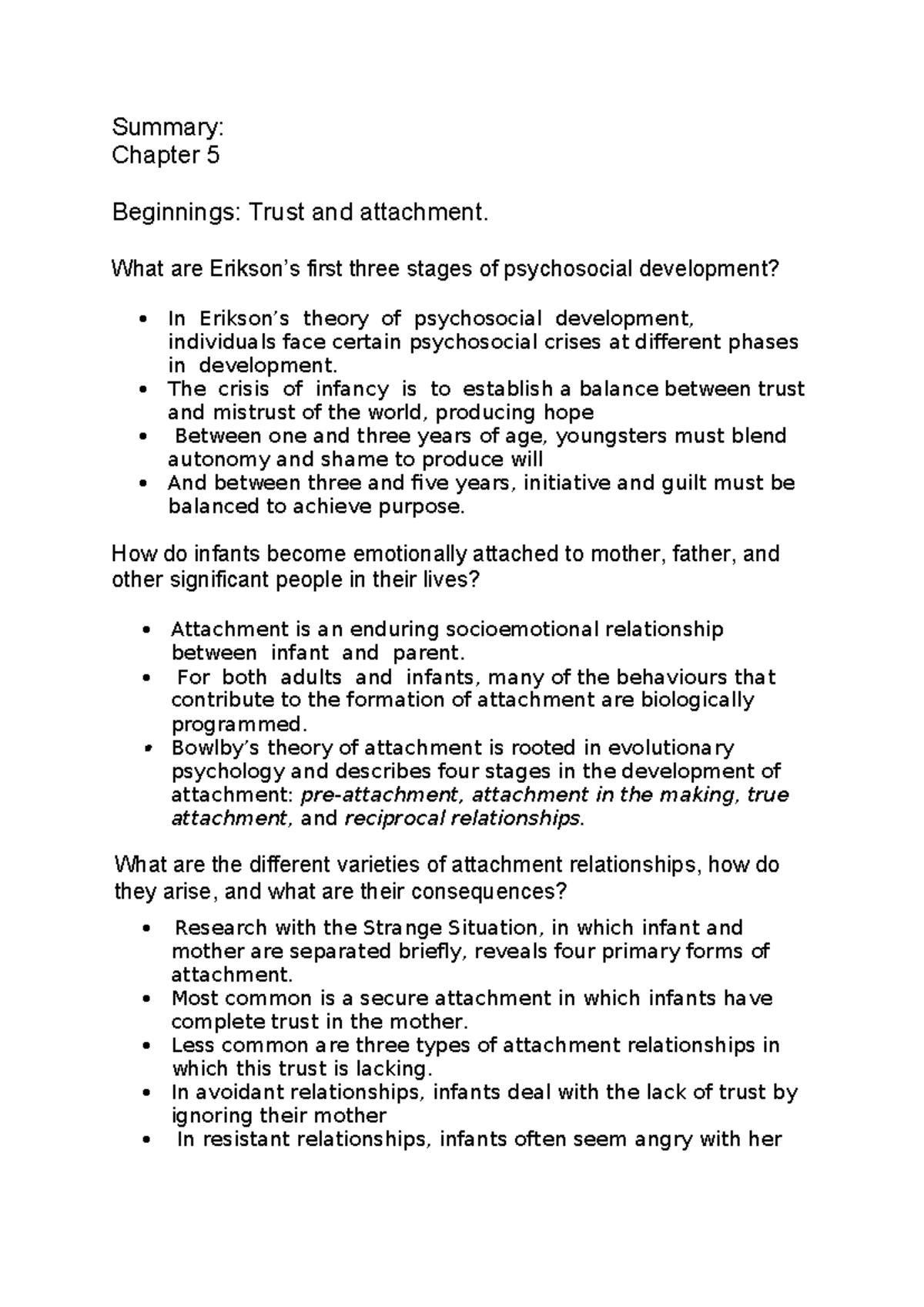 Chaptert 5- Textbook Summary - Summary: Chapter 5 Beginnings: Trust and ...