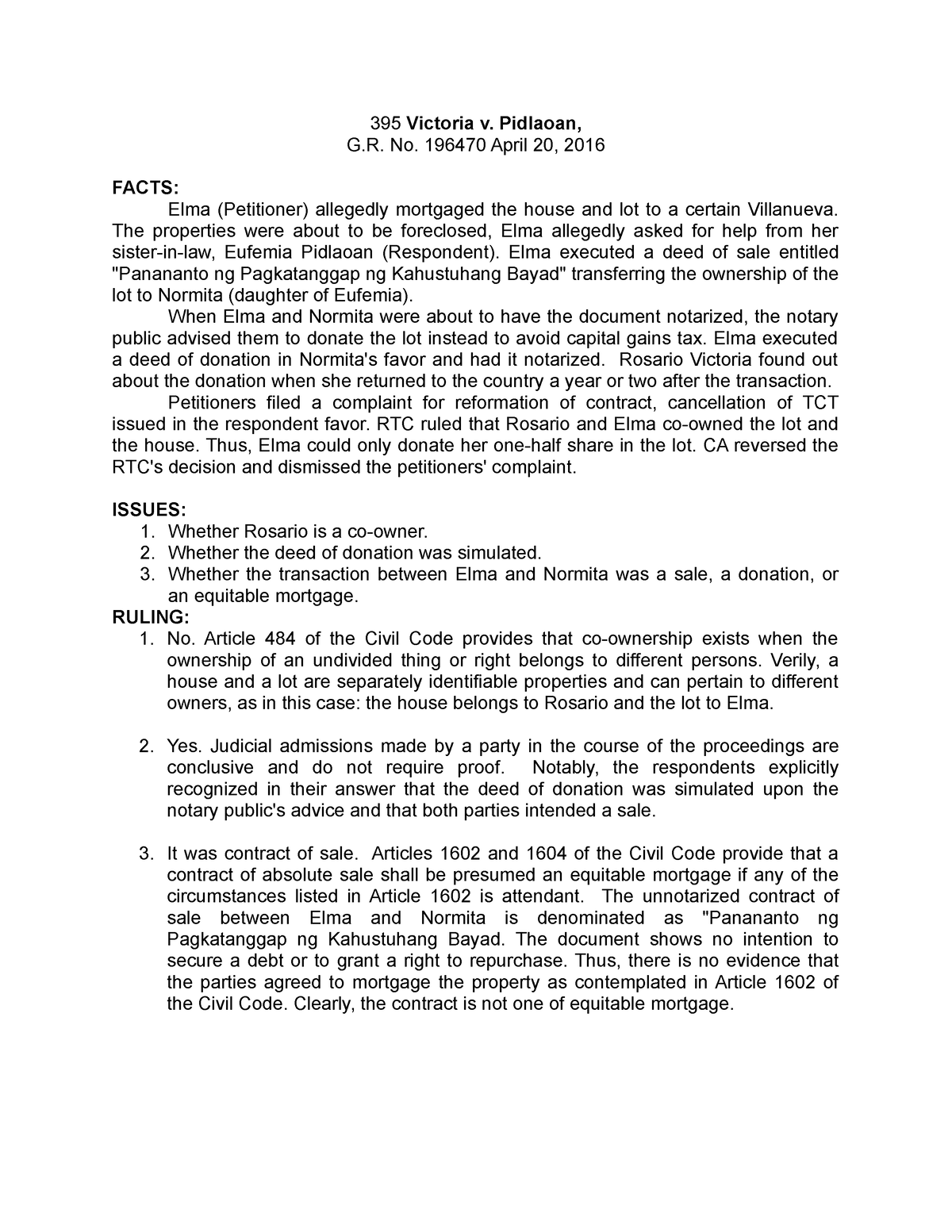 Victoria v Pidlaoan - case digest - 395 Victoria v. Pidlaoan, G. No ...