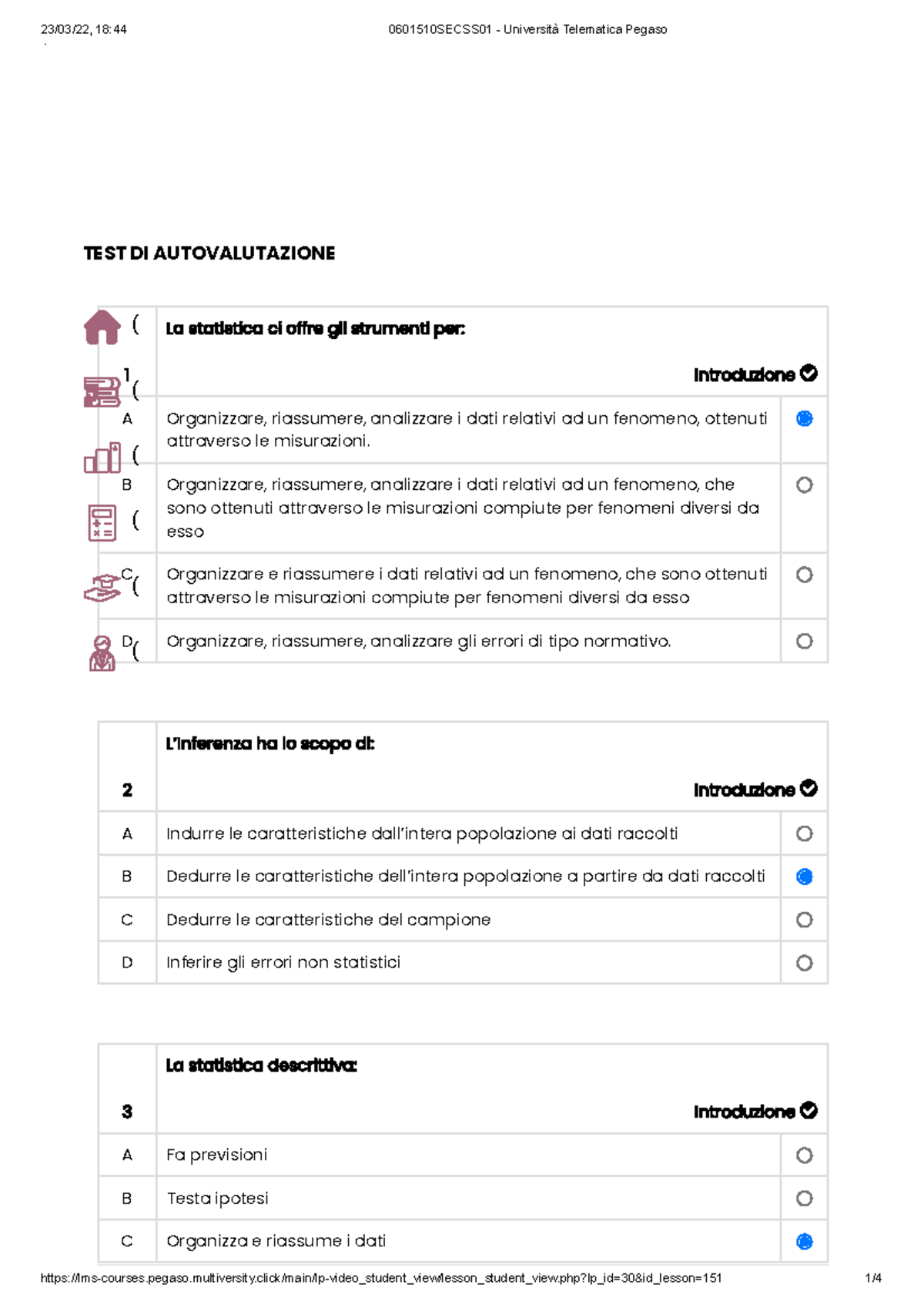 Introduzione Alla Statistica - TEST DI AUTOVALUTAZIONE 1 La Statistica ...